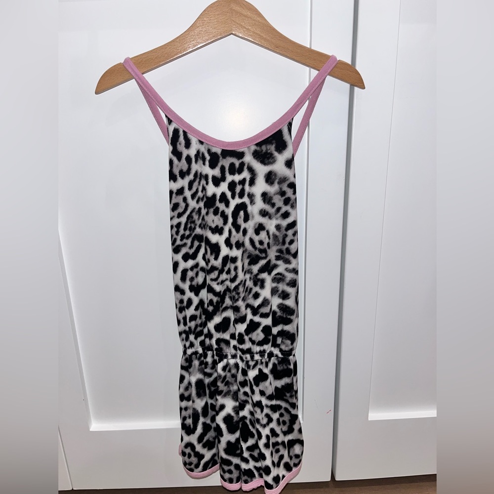 Pixie Lane gray and black cheetah print romper with lavender straps